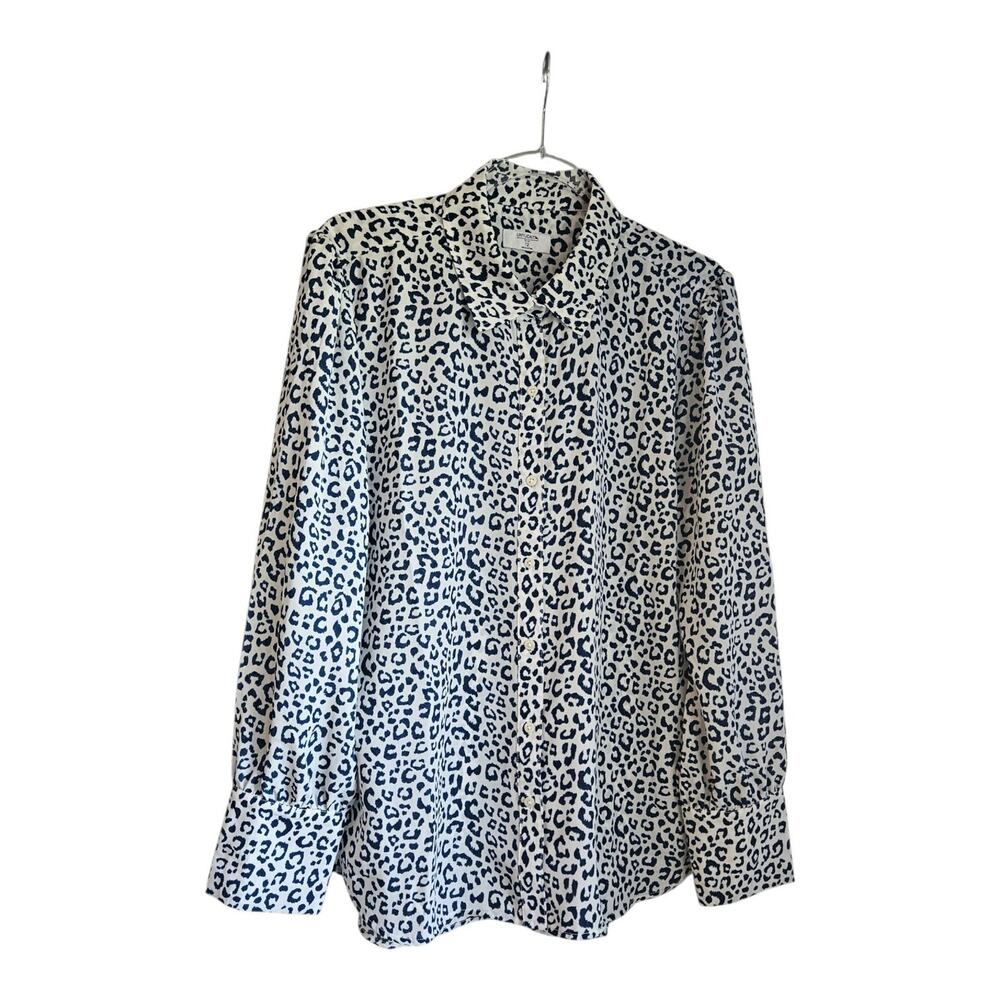 UNTUCKit for Her Sylvia Womens 12 Blouse White Blue Animal Print Button Down